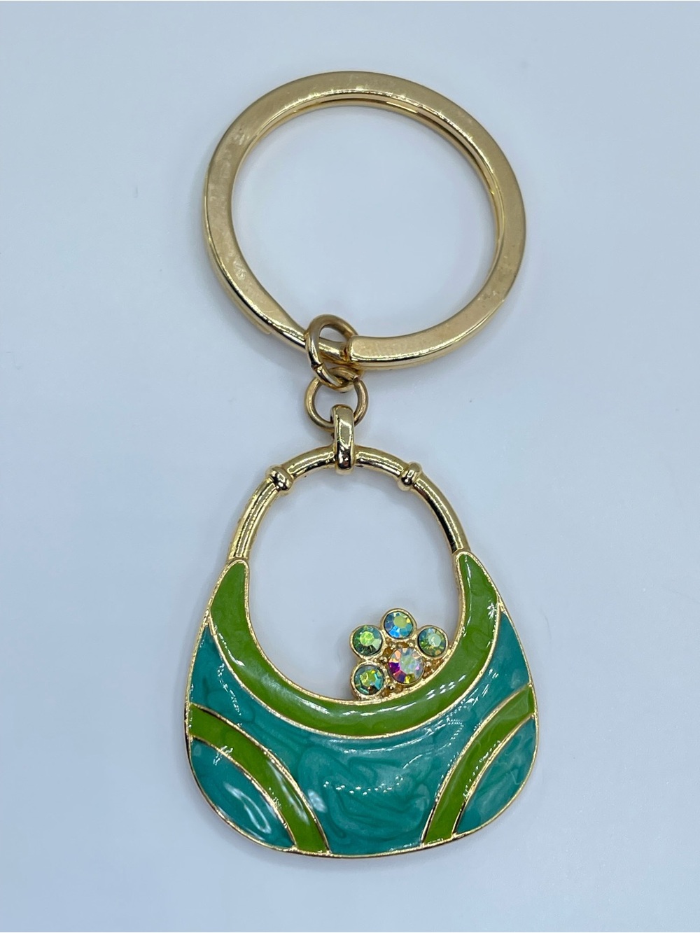 Gold Tone Enamel Handbag Keychain AB Crystal Purse Charm Green Blue Bag Charm